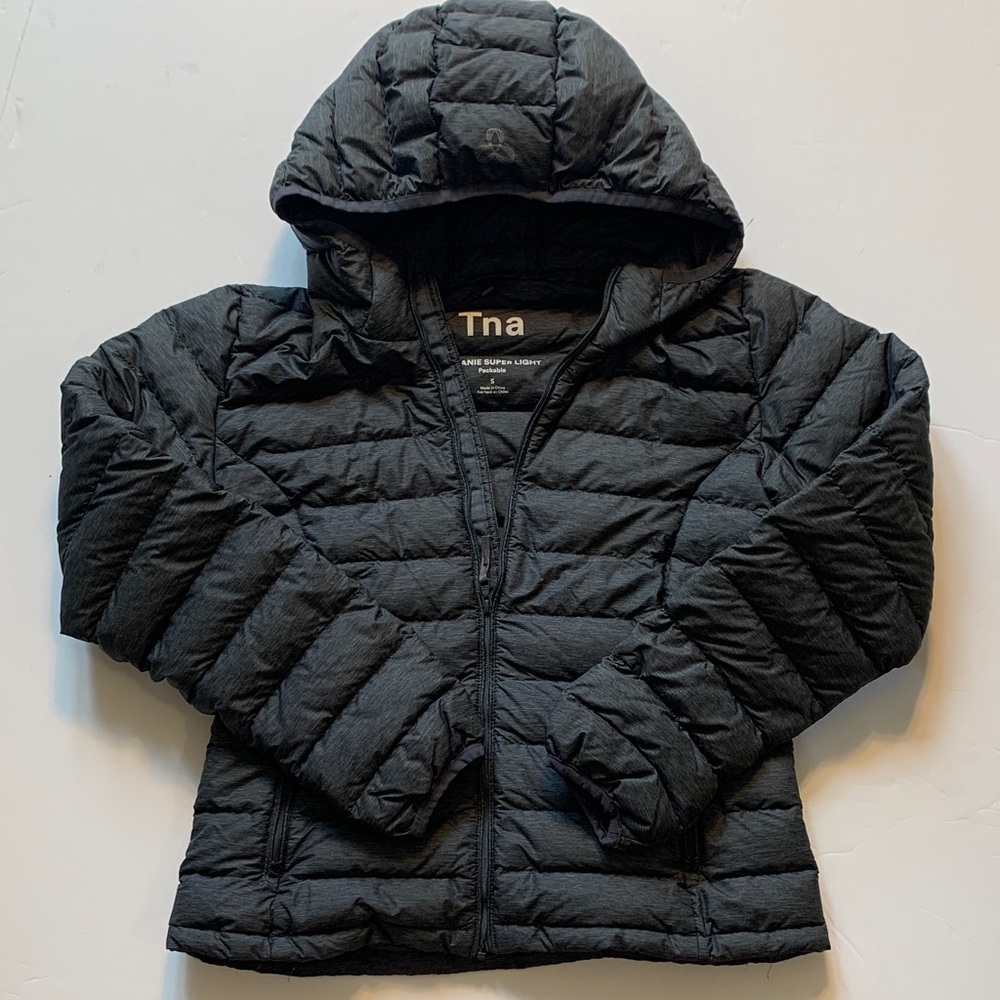 TNA women’s size small dark, charcoal, gray Hooded down Jacket